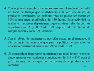 42
4. Con objeto de cumplir un compromiso con el sindicato, el total
de horas de trabajo que se dedicarán a la verificación de los
productos terminados del próximo mes no puede ser menor en
10% a una meta establecida de 150 horas. Esta actividad se
realiza en un tercer departamento que no tiene relación con los
departamentos A y B. Cada E-9 requiere de 30 horas de
comprobación y cada F-9, 10 horas.
5. Con el objeto de mantener su posición actual en el mercado, la
alta gerencia ha decretado que para la política de operación es
necesario construir al menos un F-9 por cada 3 E-9.
6. Un consumidor importante ha ordenado un total de por lo menos
cinco aparatos (en cualquier combinación de E-9 y F-9) para el
próximo mes, así es que por lo menos debe producirse esa
cantidad
 