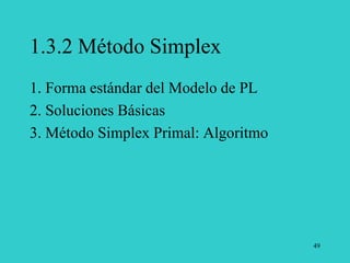 49
1.3.2 Método Simplex
1. Forma estándar del Modelo de PL
2. Soluciones Básicas
3. Método Simplex Primal: Algoritmo
 