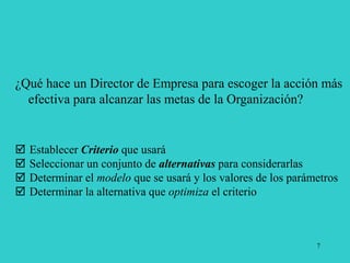 7
¿Qué hace un Director de Empresa para escoger la acción más
efectiva para alcanzar las metas de la Organización?
 Establecer Criterio que usará
 Seleccionar un conjunto de alternativas para considerarlas
 Determinar el modelo que se usará y los valores de los parámetros
 Determinar la alternativa que optimiza el criterio
 