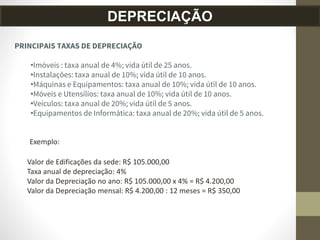 DEPRECIAÇÃO
PRINCIPAIS TAXAS DE DEPRECIAÇÃO
•Imóveis : taxa anual de 4%; vida útil de 25 anos.
•Instalações: taxa anual de 10%; vida útil de 10 anos.
•Máquinas e Equipamentos: taxa anual de 10%; vida útil de 10 anos.
•Móveis e Utensílios: taxa anual de 10%; vida útil de 10 anos.
•Veículos: taxa anual de 20%; vida útil de 5 anos.
•Equipamentos de Informática: taxa anual de 20%; vida útil de 5 anos.
Valor de Edificações da sede: R$ 105.000,00
Taxa anual de depreciação: 4%
Valor da Depreciação no ano: R$ 105.000,00 x 4% = R$ 4.200,00
Valor da Depreciação mensal: R$ 4.200,00 : 12 meses = R$ 350,00
Exemplo:
 