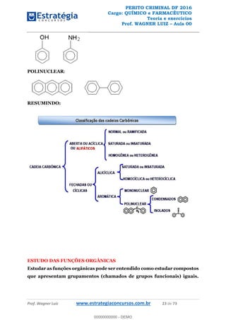 PERITO CRIMINAL DF 2016
Cargo: QUÍMICO e FARMACÊUTICO
Teoria e exercícios
Prof. WAGNER LUIZ Aula 00
Prof. Wagner Luiz www.estrategiaconcursos.com.br 23 de 73
POLINUCLEAR:
RESUMINDO:
ESTUDO DAS FUNÇÕES ORGÂNICAS
Estudar as funções orgânicas pode ser entendido como estudar compostos
que apresentam grupamentos (chamados de grupos funcionais) iguais.
00000000000
00000000000 - DEMO
 