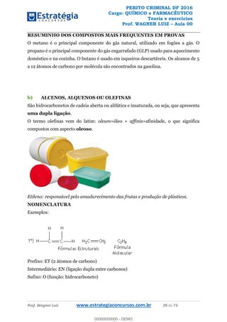 PERITO CRIMINAL DF 2016
Cargo: QUÍMICO e FARMACÊUTICO
Teoria e exercícios
Prof. WAGNER LUIZ Aula 00
Prof. Wagner Luiz www.estrategiaconcursos.com.br 29 de 73
RESUMINHO DOS COMPOSTOS MAIS FREQUENTES EM PROVAS
O metano é o principal componente do gás natural, utilizado em fogões a gás. O
propano é o principal componente do gás engarrafado (GLP) usado para aquecimento
doméstico e na cozinha. O butano é usado em isqueiros descartáveis. Os alcanos de 5
a 12 átomos de carbono por molécula são encontrados na gasolina.
b) ALCENOS, ALQUENOS OU OLEFINAS
São hidrocarbonetos de cadeia aberta ou alifática e insaturada, ou seja, que apresenta
uma dupla ligação.
O termo olefinas vem do latim: oleum=óleo + affinis=afinidade, o que significa
compostos com aspecto oleoso.
Etileno: responsável pelo amadurecimento das frutas e produção de plásticos.
NOMENCLATURA
Exemplos:
Prefixo: ET (2 átomos de carbono)
Intermediário: EN (ligação dupla entre carbonos)
Sufixo: O (função: hidrocarboneto)
00000000000
00000000000 - DEMO
 