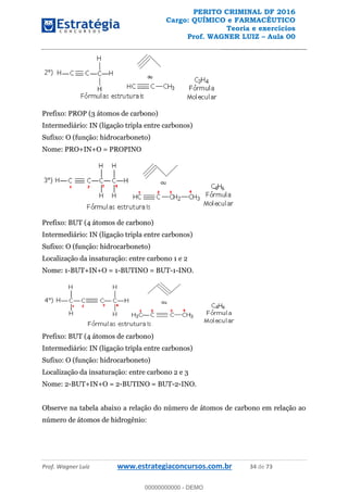 PERITO CRIMINAL DF 2016
Cargo: QUÍMICO e FARMACÊUTICO
Teoria e exercícios
Prof. WAGNER LUIZ Aula 00
Prof. Wagner Luiz www.estrategiaconcursos.com.br 34 de 73
Prefixo: PROP (3 átomos de carbono)
Intermediário: IN (ligação tripla entre carbonos)
Sufixo: O (função: hidrocarboneto)
Nome: PRO+IN+O = PROPINO
Prefixo: BUT (4 átomos de carbono)
Intermediário: IN (ligação tripla entre carbonos)
Sufixo: O (função: hidrocarboneto)
Localização da insaturação: entre carbono 1 e 2
Nome: 1-BUT+IN+O = 1-BUTINO = BUT-1-INO.
Prefixo: BUT (4 átomos de carbono)
Intermediário: IN (ligação tripla entre carbonos)
Sufixo: O (função: hidrocarboneto)
Localização da insaturação: entre carbono 2 e 3
Nome: 2-BUT+IN+O = 2-BUTINO = BUT-2-INO.
Observe na tabela abaixo a relação do número de átomos de carbono em relação ao
número de átomos de hidrogênio:
00000000000
00000000000 - DEMO
 