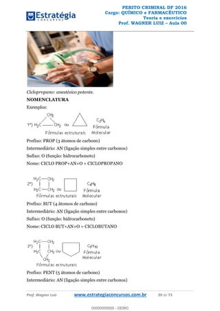 PERITO CRIMINAL DF 2016
Cargo: QUÍMICO e FARMACÊUTICO
Teoria e exercícios
Prof. WAGNER LUIZ Aula 00
Prof. Wagner Luiz www.estrategiaconcursos.com.br 39 de 73
Ciclopropano: anestésico potente.
NOMENCLATURA
Exemplos:
Prefixo: PROP (3 átomos de carbono)
Intermediário: AN (ligação simples entre carbonos)
Sufixo: O (função: hidrocarboneto)
Nome: CICLO PROP+AN+O = CICLOPROPANO
Prefixo: BUT (4 átomos de carbono)
Intermediário: AN (ligação simples entre carbonos)
Sufixo: O (função: hidrocarboneto)
Nome: CICLO BUT+AN+O = CICLOBUTANO
Prefixo: PENT (5 átomos de carbono)
Intermediário: AN (ligação simples entre carbonos)
00000000000
00000000000 - DEMO
 