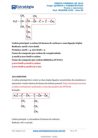 PERITO CRIMINAL DF 2016
Cargo: QUÍMICO e FARMACÊUTICO
Teoria e exercícios
Prof. WAGNER LUIZ Aula 00
Prof. Wagner Luiz www.estrategiaconcursos.com.br 56 de 73
Cadeia principal: 2-octino (8 átomos de carbono e uma ligação tripla)
Radicais: metil e terc-butil.
Posições: metil = 4, terc-butil = 5
Nome do composto por ordem de complexidade:
4-metil-5-terc-butil-2-octino
Nome do composto por ordem alfabética (IUPAC):
5-terc-butil-4-metil-2-octino
5-terc-butil-4-metil-oct-2-ino
ALCADIENOS
A cadeia principal deve conter as duas duplas ligações característica dos alcadienos e
apresentar o maior número de átomos de carbono possível. Fique atento para numerar
a cadeia corretamente analisando a soma das posições das DUPLAS.
Exemplo:
Cadeia principal: 1,4-hexadieno (6 átomos de carbono)
Radicais: etil e n-propil.
00000000000
00000000000 - DEMO
 