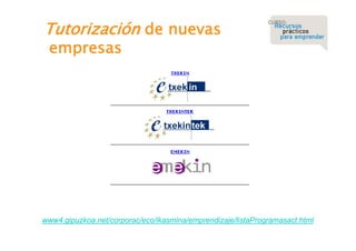 Tutorización de nuevas
empresas

www4.gipuzkoa.net/corporac/eco/ikasmina/emprendizaje/listaProgramasact.html

 