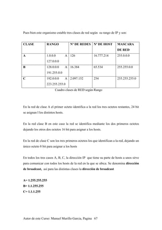 Pues bien este organismo estable tres clases de red según su rango de IP y son:
CLASE RANGO Nº DE REDES Nº DE HOST MASCARA
DE RED
A 1.0.0.0 A
127.0.0.0
126 16.777.214 255.0.0.0
B 128.0.0.0 A
191.255.0.0
16.384 65.534 255.255.0.0
C 192.0.0.0 A
223.255.255.0
2.097.152 254 255.255.255.0
Cuadro clases de RED según Rango
En la red de clase A el primer octeto identifica a la red los tres octetos restantes, 24 bit
se asignan l los distintos hosts.
En la red clase B en este caso la red se identifica mediante los dos primeros octetos
dejando los otros dos octetos 16 bit para asignar a los hosts.
En la red de clase C son los tres primeros octetos los que identifican a la red, dejando un
único octeto 8 bit para asignar a los hosts
En todos los tres casos A, B, C, la dirección IP que tiene su parte de hosts a unos sirve
para comunicar con todos los hosts de la red en la que se ubica. Se denomina dirección
de broadcast, así para las distintas clases la dirección de broadcast
A= 1.255.255.255
B= 1.1.255.255
C= 1.1.1.255
Autor de este Curso: Manuel Murillo Garcia, Pagina 67
 