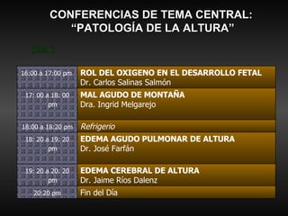 CONFERENCIAS DE TEMA CENTRAL:  “ PATOLOGÍA DE LA ALTURA” DÍA 2 Fin del Día 20:20 pm EDEMA CEREBRAL DE ALTURA Dr. Jaime Ríos Dalenz 19: 20 a 20: 20 pm EDEMA AGUDO PULMONAR DE ALTURA Dr. José Farfán  18: 20 a 19: 20 pm Refrigerio 18:00 a 18:20 pm MAL AGUDO DE MONTAÑA Dra. Ingrid Melgarejo 17: 00 a 18: 00 pm ROL DEL OXIGENO EN EL DESARROLLO FETAL Dr. Carlos Salinas Salmón 16:00 a 17:00 pm   