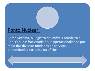 Ponto Nuclear:
Como Sistema, o Registro de Imóveis brasileiro é
uno. O que é fracionada é sua operacionalidade por
meio da...