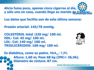Alicia fuma poco, apenas cinco cigarros al día,  y sólo uno en casa, cuando llega su marido de trabajar. Los datos que facilita son de esta última semana: Presión arterial: 145/70 mmHg.  COLESTEROL total :220 mg/ 100 ml. HDL- Col: 45 mg/ 100 ml. LDL- Col: 140 mg/ 100 ml. TRIGLICÉRIDOS: 168 mg/ 100 ml. Es diabética, como su padre.  HbA 1C : 7,2% Altura: 1,60 m; Peso 68 kg (IMC= 26,56). Diámetro de cintura: 87 cm. 