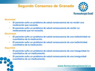 Necesidad El paciente sufre un problema de salud consecuencia de no recibir una medicación que necesita. El paciente sufre un problema de salud consecuencia de recibir un medicamento que no necesita. Efectividad El paciente sufre un problema de salud consecuencia de una inefectividad no cuantitativa de la medicación. El paciente sufre un problema de salud consecuencia de una inefectividad cuantitativa de la medicación. Seguridad El paciente sufre un problema de salud consecuencia de una inseguridad no cuantitativa de un medicamento. El paciente sufre un problema de salud consecuencia de una inseguridad cuantitativa de un medicamento. Segundo Consenso de Granada 