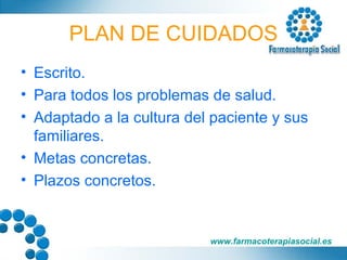 PLAN DE CUIDADOS Escrito. Para todos los problemas de salud. Adaptado a la cultura del paciente y sus familiares. Metas concretas. Plazos concretos. 