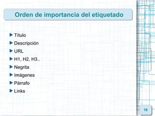 Orden de importancia del etiquetado


Título
Descripción
URL
H1, H2, H3..
Negrita
Imágenes
Párrafo
Links


                                      18
 