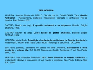 BIBLIOGRAFIA
ALMEIDA, Josimar Ribeiro de; MELLO, Claudia dos S.; CAVALCANTI, Yara. Gestão
Ambiental – Planejamento, avaliação, implantação, operação e verificação. Rio de
Janeiro: Thex Editora, 2001.
CASTRO, Newton de (org). A questão ambiental e as empresas. Brasília: Edição
SEBRAE, 1998.
CASTRO, Newton de (org). Curso básico de gestão ambiental. Brasília: Edição
SEBRAE, 2004.
MOREIRA, Maria Suely. Estratégia e Implantação do Sistema de Gestão Ambiental –
modelo ISSO 14000. 3ª ed. Nova Lima: INDG Tecnologia e Serviços LTDA., 2006.
São Paulo (Estado). Secretaria de Estado do Meio Ambiente. Entendendo o meio
ambiente – volume XIV. ISO 14.000 Sistema de Gestão Ambiental. 2ª ed. São Paulo:
SMA, 1997.
SEIFFERT, Mari Elizabete Bernardini. ISO 14.001 Sistemas de Gestão Ambiental –
implantação objetiva e econômica. 3ª ed. revista e ampliada. São Paulo: Editora Atlas
S.A., 2008.
 