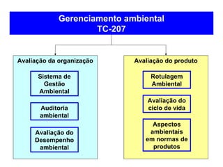 Avaliação da organização Avaliação do produto
Gerenciamento ambiental
TC-207
Sistema de
Gestão
Ambiental
Avaliação do
Desempenho
ambiental
Avaliação do
ciclo de vidaAuditoria
ambiental
Rotulagem
Ambiental
Aspectos
ambientais
em normas de
produtos
 