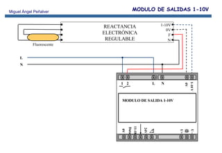 L N 1 2 MODULO DE SALIDA 1-10V 0V 1-10 V 0V Data 11-18 24V U+ U - L N REACTANCIA ELECTRÓNICA REGULABLE 1-10V 0V F N Fluorescente MODULO DE SALIDAS 1-10V 
