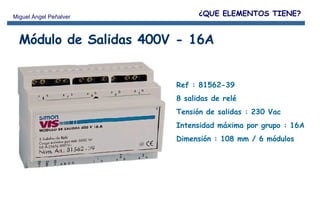 Módulo de Salidas 400V - 16A Ref : 81562-39 8 salidas de relé Tensión de salidas : 230 Vac Intensidad máxima por grupo : 16A Dimensión : 108 mm / 6 módulos ¿QUE ELEMENTOS TIENE? 