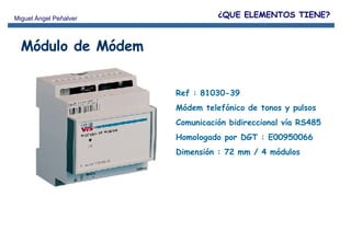 Módulo de Módem Ref : 81030-39 Módem telefónico de tonos y pulsos Comunicación bidireccional vía RS485 Homologado por DGT : E00950066 Dimensión : 72 mm / 4 módulos ¿QUE ELEMENTOS TIENE? 
