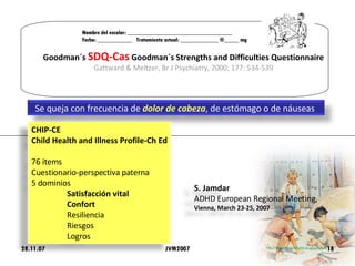 28.11.07 Nombre del escolar: ____________________________________ Fecha: ____________  Tratamiento actual: _____________ ®_____ mg JVM2007 Goodman´s  SDQ-Cas  Goodman´s Strengths and Difficulties Questionnaire Gattward & Meltzer, Br J Psychiatry, 2000; 177: 534-539 Se queja con frecuencia de  dolor de cabeza , de estómago o de náuseas   CHIP-CE Child Health and Illness Profile-Ch Ed 76 items Cuestionario-perspectiva paterna 5 dominios Satisfacción vital Confort Resiliencia Riesgos Logros S. Jamdar   ADHD European Regional Meeting,  Vienna, March 23-25, 2007 