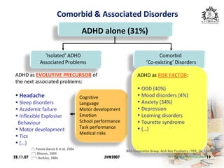 28.11.07 ADHD alone (31%) ‘ Isolated’ ADHD Associated Problems Comorbid  ‘ Co-existing’ Disorders ADHD as  EVOLUTIVE PRECURSOR   of the next associated problems: Headache Sleep disorders Academic failure Inflexible Explosive  Behaviour Motor development  Tics (…) Comorbid & Associated Disorders ADHD as  RISK FACTOR : ODD (40%) Mood disorders (4%) Anxiety (34%) Depression Learning disorders Tourette syndrome (…) (*) Puente-García R et al, 2006 (**) Klassen, 2004 (***) Barkley, 2006 Cognitive Language Motor development Emotion School performance Task performance Medical risks MTA Cooperative Group. Arch Gen Psychiatry 1999; 56: 1088–1096 .  JVM2007 
