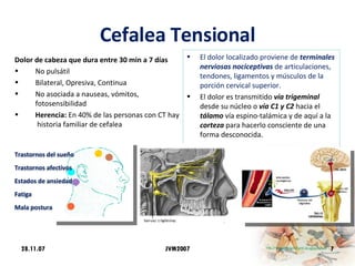 Cefalea Tensional Dolor de cabeza que dura entre 30 min a 7 días No pulsátil   Bilateral, Opresiva, Continua  No asociada a nauseas, vómitos, fotosensibilidad Herencia:  En 40% de las personas con CT hay  historia familiar de cefalea El dolor localizado proviene de  terminales nerviosas nociceptivas  de articulaciones, tendones, ligamentos y músculos de la porción cervical superior.  El dolor es transmitido  vía trigeminal  desde su núcleo o  vía C1 y C2  hacia el  tálamo  vía espino-talámica y de aquí a la  corteza  para hacerlo consciente de una forma desconocida. 28.11.07 JVM2007 Trastornos del sueño Trastornos afectivos  Estados de ansiedad Fatiga  Mala postura 