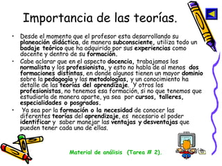 Importancia de las teorías. Desde el momento que el profesor esta desarrollando su  planeación didáctica , de manera  subconsciente,  utiliza todo un  badaje teórico  que ha adquirido por sus  experiencias  como docente y dentro de su  formación. Cabe aclarar que en el aspecto  docencia,  trabajamos los  normalista  y los  profesionista,  y esto no habla de al menos  dos formaciones distintas , en donde algunos tienen un mayor  dominio  sobre la  pedagogía  y las  metodologías,  y un conocimiento ha detalle de las  teorías del aprendizaje .  Y otros los  profesionistas , no tenemos esa formación, si no que tenemos que estudiarla de manera aparte, ya sea  por  cursos, talleres, especialidades o posgrados. Ya sea por la  formación o la necesidad  de conocer las diferentes  teorías  del  aprendizaje , es  necesario el poder  identificar  y  saber manejar las  ventajas y   desventajas  que pueden tener cada una de ellas. Material de análisis  (Tarea # 2). 