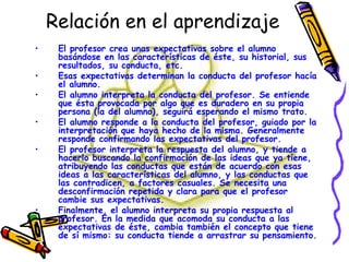 Relación en el aprendizaje El profesor crea unas expectativas sobre el alumno basándose en las características de éste, su historial, sus resultados, su conducta, etc.  Esas expectativas determinan la conducta del profesor hacía el alumno.  El alumno interpreta la conducta del profesor. Se entiende que ésta provocada por algo que es duradero en su propia persona (la del alumno), seguirá esperando el mismo trato.  El alumno responde a la conducta del profesor, guiado por la interpretación que haya hecho de la misma. Generalmente responde confirmando las expectativas del profesor.  El profesor interpreta la respuesta del alumno, y tiende a hacerlo buscando la confirmación de las ideas que ya tiene, atribuyendo las conductas que están de acuerdo con esas ideas a las características del alumno, y las conductas que las contradicen, a factores casuales. Se necesita una desconfirmación repetida y clara para que el profesor cambie sus expectativas.  Finalmente, el alumno interpreta su propia respuesta al profesor. En la medida que acomoda su conducta a las expectativas de éste, cambia también el concepto que tiene de sí mismo: su conducta tiende a arrastrar su pensamiento. 
