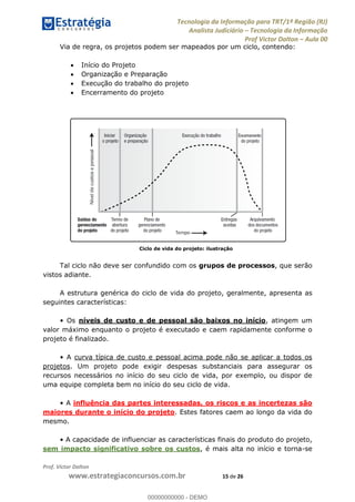 Tecnologia da Informação para TRT/1ª Região (RJ)
Analista Judiciário Tecnologia da Informação
Prof Victor Dalton Aula 00
Prof. Victor Dalton
www.estrategiaconcursos.com.br 15 de 26
Via de regra, os projetos podem ser mapeados por um ciclo, contendo:
Início do Projeto
Organização e Preparação
Execução do trabalho do projeto
Encerramento do projeto
Ciclo de vida do projeto: ilustração
Tal ciclo não deve ser confundido com os grupos de processos, que serão
vistos adiante.
A estrutura genérica do ciclo de vida do projeto, geralmente, apresenta as
seguintes características:
níveis de custo e de pessoal são baixos no início, atingem um
valor máximo enquanto o projeto é executado e caem rapidamente conforme o
projeto é finalizado.
A curva típica de custo e pessoal acima pode não se aplicar a todos os
projetos. Um projeto pode exigir despesas substanciais para assegurar os
recursos necessários no início do seu ciclo de vida, por exemplo, ou dispor de
uma equipe completa bem no início do seu ciclo de vida.
influência das partes interessadas, os riscos e as incertezas são
maiores durante o início do projeto. Estes fatores caem ao longo da vida do
mesmo.
sem impacto significativo sobre os custos, é mais alta no início e torna-se
00000000000
00000000000 - DEMO
 