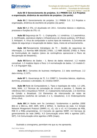 Tecnologia da Informação para TRT/1ª Região (RJ)
Analista Judiciário Tecnologia da Informação
Prof Victor Dalton Aula 00
Prof. Victor Dalton
www.estrategiaconcursos.com.br 4 de 26
Aula 00 3 Gerenciamento de projetos. 3.1 PMBOK 5.0. 3.2 Projetos
e organização, dinâmica do escritório de projetos. (1a parte)
Aula 01 3 Gerenciamento de projetos. 3.1 PMBOK 5.0. 3.2 Projetos e
organização, dinâmica do escritório de projetos (2a parte)
Aula 02 4.2 ITIL v3 atualizada em 2011. Conceitos básicos e objetivos,
processos e funções do ITIL v3.
Aula 03 Segurança de TI - 1. Criptografia. 1.1 simétrica. 1.2 assimétrica.
2. Certificação, assinatura digital e infraestrutura de chaves publicas, ICP-Brasil.
3. Antispam. 4. Vírus de computador e outros tipos de malwares. 5.Conceitos de
cópias de segurança e recuperação de dados: tipos, meios de armazenamento.
Aula 04 Planejamento Estratégico de TI - Gestão de segurança da
informação. 1.1 Normas NBR ISO/IEC 27001. 1.2 NBR ISO/IEC 27002. 6. Plano
de Continuidade de negócio (plano de contingência operacional e Plano de
Recuperação de Desastres).
Aula 05 Banco de Dados - 1. Banco de dados relacional. 1.2 modelo
conceitual. 1.3 modelos lógico e físico 1.4 normalização de dados. 1.5 modelo E-
R. 1.6 linguagem SQL.
Aula 06 2. Conceitos de business intelligence. 2.1 data warehouse. 2.2
data mining. 2.3 ETL.
Aula 07 5. Governança de TI. 5.1 COBIT 5. Conceitos básicos, objetivos,
domínios, processos e atividades. 8.1 Análise SWOT.
Aula 08 Rede de Computadores 1. Tipos e topologias de redes. 1.1 LAN,
MAN, WAN. 1.2 Técnicas de comutação de circuito e pacotes. 2. Modelo de
referência OSI e Arquitetura TCP/IP. 2.1 Cabeamento Estruturado. 2.5 Domínios
de Colisão e Broadcast. 2.6 Elementos de interconexão de redes de
computadores (switches de camada 2 e 3, roteadores). 2.11 Endereçamento
IPv4 e IPv6.
Aula 09 2.4 Redes sem fio (wireless): fundamentos e padrões (IEEE
802.11 e 802.1x, EAP, WEP, WPA e WPA2). 4. Gerência de rede. 4.1 Simple
Network Mnagement Protocol (SNMP) v1, v2, v2c e v3. 4.2 Conceitos de MIB,
MIB II e MIBs proprietárias. 4.3 Conceito de agentes SNMP. 4.4 Serviços de
gerenciamento de rede (NMS). 4.5 Comunicação entre NMS e agentes (GET,
SET). 4.6 Comunicação entre agentes e NMS (traps).
Ilustrado o cronograma, permitam-me que eu me apresente.
00000000000
00000000000 - DEMO
 