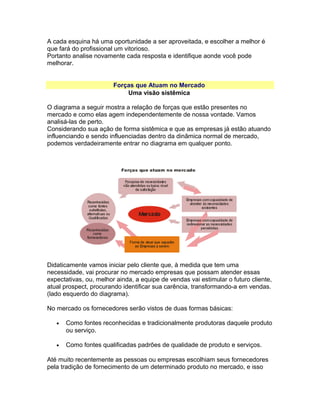 A cada esquina há uma oportunidade a ser aproveitada, e escolher a melhor é
que fará do profissional um vitorioso.
Portanto analise novamente cada resposta e identifique aonde você pode
melhorar.
Forças que Atuam no Mercado
Uma visão sistêmica
O diagrama a seguir mostra a relação de forças que estão presentes no
mercado e como elas agem independentemente de nossa vontade. Vamos
analisá-las de perto.
Considerando sua ação de forma sistêmica e que as empresas já estão atuando
influenciando e sendo influenciadas dentro da dinâmica normal de mercado,
podemos verdadeiramente entrar no diagrama em qualquer ponto.

Didaticamente vamos iniciar pelo cliente que, à medida que tem uma
necessidade, vai procurar no mercado empresas que possam atender essas
expectativas, ou, melhor ainda, a equipe de vendas vai estimular o futuro cliente,
atual prospect, procurando identificar sua carência, transformando-a em vendas.
(lado esquerdo do diagrama).
No mercado os fornecedores serão vistos de duas formas básicas:
•

Como fontes reconhecidas e tradicionalmente produtoras daquele produto
ou serviço.

•

Como fontes qualificadas padrões de qualidade de produto e serviços.

Até muito recentemente as pessoas ou empresas escolhiam seus fornecedores
pela tradição de fornecimento de um determinado produto no mercado, e isso

 
