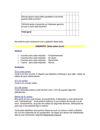 9)Você ignora outros fatos paralelos à conversa
quando está ouvindo?
10)Você sente e transmite um interesse genuíno
no que o outro está dizendo?
Total geral

Na próxima aula iniciaremos com o gabarito deste teste.
GABARITO (teste saber ouvir)
Atribuir:
•
•
•
•

4 pontos para cada resposta
3 pontos para cada resposta
2 pontos para cada resposta
1 ponto para cada resposta

-

Freqüentemente
Às vezes
Raramente
Nunca

Avaliação:
32 ou mais pontos
Você é um bom ouvinte. É alguém que desperta confiança e que sabe captar as
idéias de seus interlocutores.
27 a 31 pontos
Você é um ouvinte médio.
22 a 26 pontos
Você necessita praticar a arte de bem ouvir, a fim de superar algumas
deficiências.
Menos de 21 pontos
Boa parte do que você escuta, provavelmente, é deturpado e você retransmite
com "interferências" . Você poderá melhorar a sua maneira de escutar e a de
seus companheiros, se puser em prática as seguintes técnicas, esforçando-se
para que o seu pessoal faça o mesmo:
Você pode identificar seus pontos fracos ao ouvir os outros e medir a eficácia
em ouvi-los utilizando-se do questionário. As áreas que devem ser trabalhadas
são as que mereceram resposta Raramente e Nunca.

 