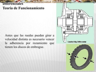 Antes que las ruedas puedan girar a
velocidad distinta es necesario vencer
la adherencia por rozamiento que
tienen los discos de embrague.
Diferenciales
Teoría de Funcionamiento
 