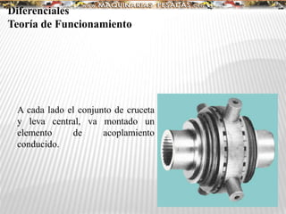 A cada lado el conjunto de cruceta
y leva central, va montado un
elemento de acoplamiento
conducido.
Diferenciales
Teoría de Funcionamiento
 