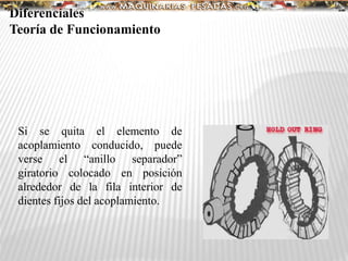 Si se quita el elemento de
acoplamiento conducido, puede
verse el “anillo separador”
giratorio colocado en posición
alrededor de la fila interior de
dientes fijos del acoplamiento.
Diferenciales
Teoría de Funcionamiento
 