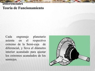 Diferenciales
Teoría de Funcionamiento
Cada engranaje planetario
asienta en el respectivo
extremo de la Semi-caja de
diferencial, y lleva el diámetro
interior acanalado para ajustar
los extremos acanalados de los
semiejes.
 