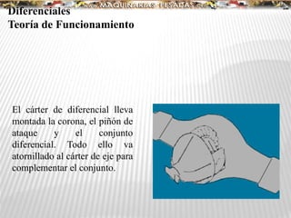 Diferenciales
Teoría de Funcionamiento
El cárter de diferencial lleva
montada la corona, el piñón de
ataque y el conjunto
diferencial. Todo ello va
atornillado al cárter de eje para
complementar el conjunto.
 