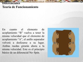 Diferenciales
Teoría de Funcionamiento
En cuanto el elemento de
acoplamiento “B” vuelva a tener la
misma velocidad que el elemento de
acoplamiento “A”, el anillo separador
volverá a deslizarse a su lugar.
Ambas ruedas girarán ahora a la
misma velocidad. Este es el principio
básico de un diferencial No–Spin.
 
