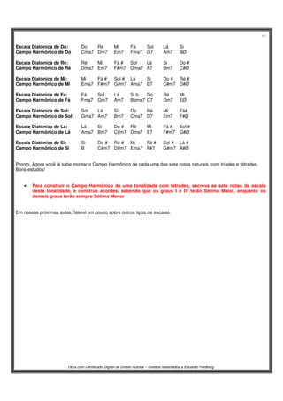 42
Obra com Certificado Digital de Direito Autoral – Direitos reservados a Eduardo Feldberg
Escala Diatônica de Do: Do Ré Mi Fá Sol Lá Si
Campo Harmônico de Do Cma7 Dm7 Em7 Fma7 G7 Am7 BØ
Escala Diatônica de Ré: Ré Mi Fá # Sol Lá Si Do #
Campo Harmônico de Ré Dma7 Em7 F#m7 Gma7 A7 Bm7 C#Ø
Escala Diatônica de Mi: Mi Fá # Sol # Lá Si Do # Ré #
Campo Harmônico de Mi Ema7 F#m7 G#m7 Ama7 B7 C#m7 D#Ø
Escala Diatônica de Fá: Fá Sol Lá Si b Do Ré Mi
Campo Harmônico de Fá Fma7 Gm7 Am7 Bbma7 C7 Dm7 EØ
Escala Diatônica de Sol: Sol Lá Si Do Ré Mi Fá#
Campo Harmônico de Sol: Gma7 Am7 Bm7 Cma7 D7 Em7 F#Ø
Escala Diatônica de Lá: Lá Si Do # Ré Mi Fá # Sol #
Campo Harmônico de Lá Ama7 Bm7 C#m7 Dma7 E7 F#m7 G#Ø
Escala Diatônica de Si: Si Do # Ré # Mi Fá # Sol # Lá #
Campo Harmônico de Si B C#m7 D#m7 Ema7 F#7 G#m7 A#Ø
Pronto. Agora você já sabe montar o Campo Harmônico de cada uma das sete notas naturais, com tríades e tétrades.
Bons estudos!
• Para construir o Campo Harmônico de uma tonalidade com tétrades, escreva as sete notas da escala
desta tonalidade, e construa acordes, sabendo que os graus I e IV terão Sétima Maior, enquanto os
demais graus terão sempre Sétima Menor
Em nossas próximas aulas, falarei um pouco sobre outros tipos de escalas.
 