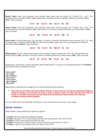 46
Obra com Certificado Digital de Direito Autoral – Direitos reservados a Eduardo Feldberg
Quarto Passo: Idem aos anteriores, mas iniciando pela quarta nota da escala, Fá. Teremos Fá + Láb + Do,
correspondente ao acorde Fá Menor (Fm). Adicionando o Mi bemol, teremos a tétrade Fá Menor com Sétima Menor
(Fm7). Veja o exemplo:
Fá (T).....Sol.....Láb (3ª).....Sib.....Do (5ª).....Ré.....Mib
Quinto Passo: Idem aos anteriores, mas iniciando pela quinta nota da escala, Sol. Teremos Sol + Sib + Ré,
correspondente ao acorde Sol Menor (Gm). Adicionando o Fá, teremos a tétrade Sol Menor com Sétima Menor (Gm7).
Veja o exemplo:
Sol (T).....Láb.....Sib (3ª).....Do.....Ré (5ª).....Mib.....Fá
Sexto Passo: Iniciando pela sexta nota da escala, Lá bemol, e pulando intervalos de terças, teremos Láb + Do + Mib,
correspondente ao acorde Lá Bemol (Ab). No caso de uma tétrade, basta incluir o Sol, que originará um Lá Bemol
com Sétima Maior (Abma7). Veja o exemplo:
Láb (T).....Sib.....Do (3ª).....Ré.....Mib (5ª).....Fá.....Sol
Sétimo Passo: Por fim, iniciando pela sétima nota da escala, Si bemol, teremos Sib + Ré + Fá, correspondente ao
acorde Si Bemol (Bb). Incluindo o Lá bemol, teremos a tétrade Si Bemol com Sétima Menor (Bb7). Veja o exemplo:
Sib (T).....Do.....Ré (3ª).....Mib.....Fá (5ª).....Sol.....Láb
Desta forma, construímos o Campo Harmônico Menor Natural de Do, ou seja, se sua composição estiver em Do Menor,
você poderá utilizar os seguintes acordes:
• Cm ou Cm7
• Dº ou DØ
• Eb ou Ebma7
• Fm ou Fm7
• Gm ou Gm7
• Ab ou Abma7
• Bb ou Bb7
Segue abaixo a definição da montagem de um Campo Harmônico Menor Natural:
• Para construir um Campo Harmônico Menor Natural, eu devo escrever a escala da tonalidade desejada, e
construir acordes com intervalos de terça e quinta e sétima a partir de cada uma das sete notas da
escala. O resultado te dará sete acordes, tendo como fundamental cada uma das sete notas que
compõem a escala original desejada.
Como eu disse, daria uma explicação mais teórica, e uma mais fácil de se memorizar, como segue:
MÉTODO “PRÁTICO”:
Neste método, você precisará fazer apenas o seguinte:
• 1º Passo: Monte a escala da tonalidade desejada;
• 2º Passo: Os graus I, IV e V serão sempre menores com sétima menor (Im7, IVm7 e Vm7)
• 3º Passo: O grau II será sempre meio-diminuto (IIØ);
• 4º Passo: Os graus III e VI serão sempre maiores com sétima maior (IIIma7 e VIma7);
• 5º Passo: O grau VII será sempre maior com sétima menor (VII7);
 