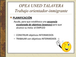 OPEA UNED TALAVERA Trabajo orientador-inmigrante PLANIFICACIÓN Ayuda, para que establezca una  secuencia escalonada de objetivos (avances)  para que alcance su meta: el EMPLEO CONSTRUIR objetivos INTERMEDIOS TRABAJAR con objetivos INTERMEDIOS 