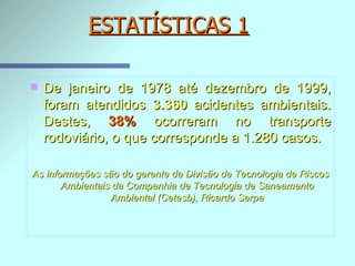ESTATÍSTICAS 1 De janeiro de 1978 até dezembro de 1999, foram atendidos  3.360  acidentes ambientais. Destes,  38%  ocorreram no transporte rodoviário, o que corresponde a 1.280 casos.  As informações são do gerente da Divisão de Tecnologia de Riscos Ambientais da Companhia de Tecnologia de Saneamento Ambiental (Cetesb), Ricardo Serpa 