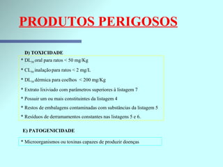 * DL 50  oral para ratos < 50 mg/Kg * CL 50  inalação   para ratos < 2 mg/L * DL 50  dérmica para coelhos  < 200 mg/Kg * Extrato lixiviado com parâmetros superiores à listagem 7 * Possuir um ou mais constituintes da listagem 4 * Restos de embalagens contaminadas com substâncias da listagem 5 * Resíduos de derramamentos constantes nas listagens 5 e 6. D) TOXICIDADE * Microorganismos ou toxinas capazes de produzir doenças E) PATOGENICIDADE PRODUTOS PERIGOSOS 