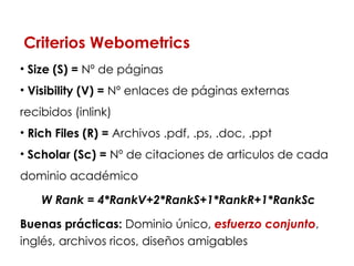 Size (S) =  Nº de páginas Visibility (V) =  Nº enlaces de páginas externas recibidos (inlink)  Rich Files (R) =  Archivos .pdf, .ps, .doc, .ppt  Scholar (Sc) =  Nº  de citaciones de articulos de cada dominio académico W Rank = 4*RankV+2*RankS+1*RankR+1*RankSc Buenas prácticas:  Dominio único,  esfuerzo conjunto , inglés, archivos ricos, diseños amigables Criterios Webometrics 