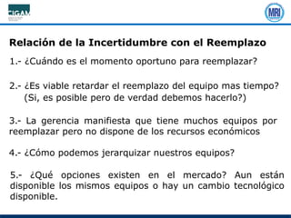 Relación de la Incertidumbre con el Reemplazo
1.- ¿Cuándo es el momento oportuno para reemplazar?
2.- ¿Es viable retardar el reemplazo del equipo mas tiempo?
5.- ¿Qué opciones existen en el mercado? Aun están
disponible los mismos equipos o hay un cambio tecnológico
disponible.
(Si, es posible pero de verdad debemos hacerlo?)
3.- La gerencia manifiesta que tiene muchos equipos por
reemplazar pero no dispone de los recursos económicos
4.- ¿Cómo podemos jerarquizar nuestros equipos?
 