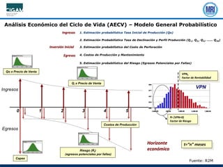 0 1 2 3 4 5
t=“n” meses
Qo x Precio de Venta
Capex
Riesgo (Ri)
(egresos potenciales por fallas)
Costos de Producción
2. Estimación Probabilística Tasa de Declinación y Perfil Producción (Q1,, Q2,, Q3,, …... Q20)
3. Estimación probabilística del Costo de Perforación
4. Costos de Producción y Mantenimiento
5. Estimación probabilística del Riesgo (Egresos Potenciales por Fallas)
1. Estimación probabilística Tasa Inicial de Producción (Qo)
Ingresos
Inversión Inicial
Egresos
Horizonte
económico
Ingresos
Egresos
Qi x Precio de Venta
VPN
VPNE
Factor de Rentabilidad
Pr (VPN<0)
Factor de Riesgo
Análisis Económico del Ciclo de Vida (AECV) – Modelo General Probabilístico
Fuente: R2M
 