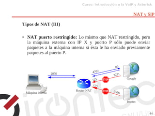 Curso: Introducción a la VoIP y Asterisk
44
NAT y SIP
Tipos de NAT (III)
● NAT puerto restringido: Lo mismo que NAT restringido, pero
la máquina externa con IP X y puerto P sólo puede enviar
paquetes a la máquina interna si ésta le ha enviado previamente
paquetes al puerto P.
Router NAT
Google
Irontec
2050 4702
80
125
3590Máquina interna
125
2231
 