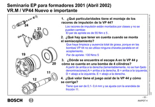 AA/PDT 4
©
Robert
Bosch
GmbH.
Todos
los
derechos
reservados,
incluso
el
derecho
de
regRealro
de
los
derechos
protegidos,
de
disposición
de
transmisión
y
de
copia.
Seminario EP para formadores 2001 (Abril 2002)
- 22 -
VR.M / VP44 Nuevo e importante
1. ¿Qué particularidades tiene el montaje de los
racores de impulsión de la VP 44?
Los racores de impulsión están montados por clases y no se
pueden cambiar.
El par de apriete es de 55 Nm ± 5 .
3. ¿Dónde se encuentra el escape A en la VP 44 y
cómo se cuenta en una bomba de 4 cilindros?
Tiene que ser de 0,1- 0,4 mm y se ajusta con la arandela de
fricción 11.
2. ¿Qué hay que tener en cuenta cuando se monta
el semiacoplamiento?
Que haya limpieza y ausencia total de grasa, porque en las
bombas VP 44 no se utiliza ninguna chaveta paralela en el
acoplamiento.
Par de apriete: 130 Nm± 5
4. ¿Qué valor tiene el juego axial de la VP 44 y cómo
se corrige?
A partir de arriba a la derecha (lamentablemente, no se han fjado
denominaciones) A = arriba a la derecha, B = arriba a la izquierda,
D = abajo a la izquierda, E = abajo a la derecha.
 