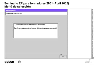 AA/PDT 4
©
Robert
Bosch
GmbH.
Todos
los
derechos
reservados,
incluso
el
derecho
de
regRealro
de
los
derechos
protegidos,
de
disposición
de
transmisión
y
de
copia.
Seminario EP para formadores 2001 (Abril 2002)
- 57 -
Menú de selección
>>
F12
Confirmar con F12 >>
Mensaje KMA
La comprobación de la bomba ha terminado
¡Por favor, desconecte la bomba del suministro de corrriente!
 