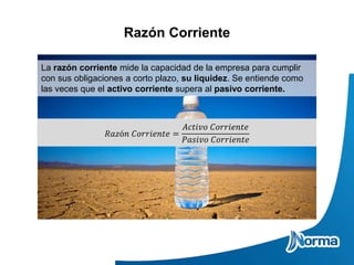 Razón Corriente
La razón corriente mide la capacidad de la empresa para cumplir
con sus obligaciones a corto plazo, su liquidez. Se entiende como
las veces que el activo corriente supera al pasivo corriente.
𝑅𝑎𝑧ó𝑛 𝐶𝑜𝑟𝑟𝑖𝑒𝑛𝑡𝑒 =
𝐴𝑐𝑡𝑖𝑣𝑜 𝐶𝑜𝑟𝑟𝑖𝑒𝑛𝑡𝑒
𝑃𝑎𝑠𝑖𝑣𝑜 𝐶𝑜𝑟𝑟𝑖𝑒𝑛𝑡𝑒
 