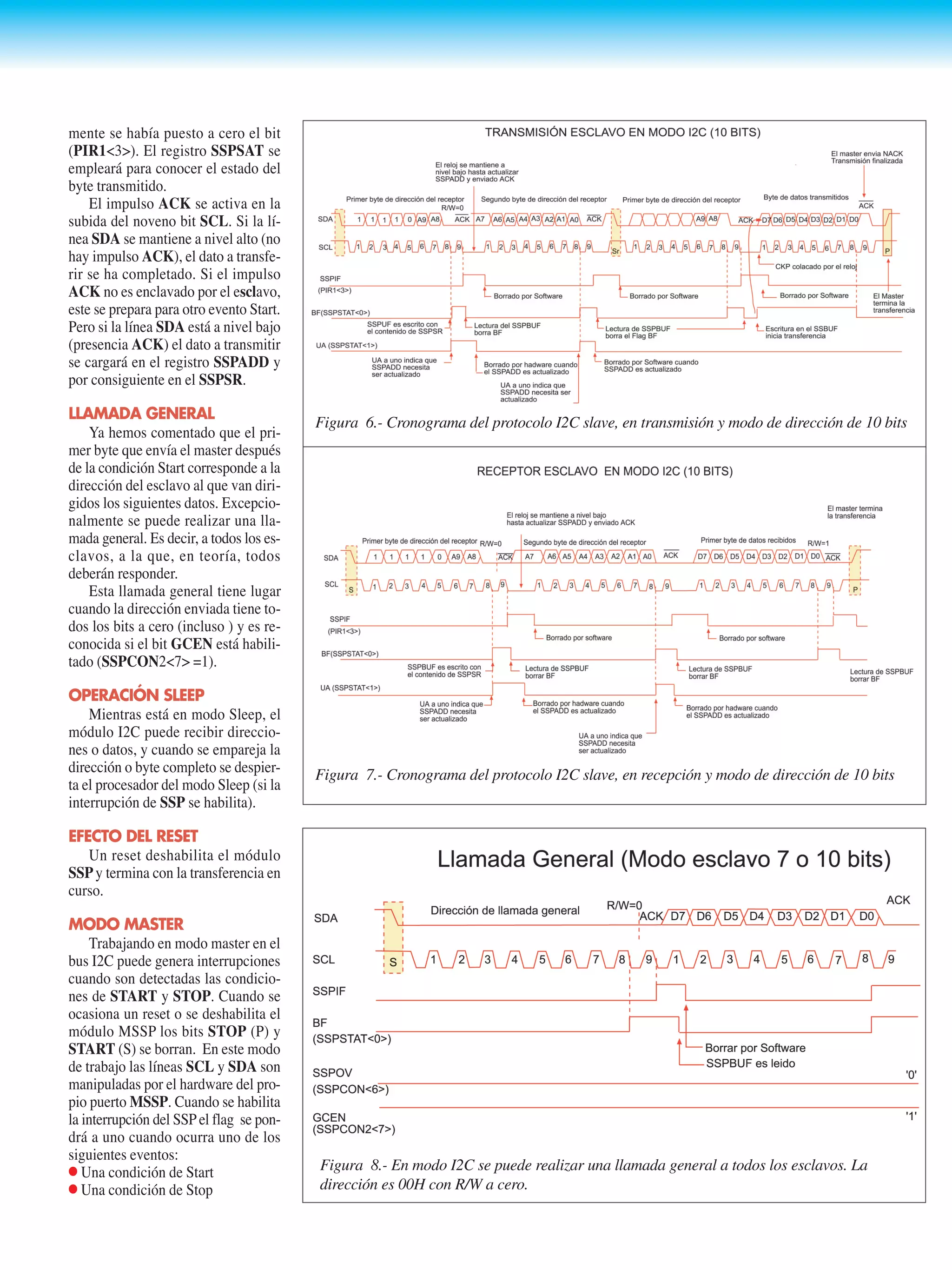 mente se había puesto a cero el bit
(PIR1<3>). El registro SSPSAT se
empleará para conocer el estado del
byte transmitido.
El impulso ACK se activa en la
subida del noveno bit SCL. Si la lí-
nea SDA se mantiene a nivel alto (no
hay impulso ACK), el dato a transfe-
rir se ha completado. Si el impulso
ACK no es enclavado por el esclavo,
este se prepara para otro evento Start.
Pero si la línea SDA está a nivel bajo
(presencia ACK) el dato a transmitir
se cargará en el registro SSPADD y
por consiguiente en el SSPSR.
LLAMADA GENERAL
Ya hemos comentado que el pri-
mer byte que envía el master después
de la condición Start corresponde a la
dirección del esclavo al que van diri-
gidos los siguientes datos. Excepcio-
nalmente se puede realizar una lla-
mada general. Es decir, a todos los es-
clavos, a la que, en teoría, todos
deberán responder.
Esta llamada general tiene lugar
cuando la dirección enviada tiene to-
dos los bits a cero (incluso ) y es re-
conocida si el bit GCEN está habili-
tado (SSPCON2<7> =1).
OPERACIÓN SLEEP
Mientras está en modo Sleep, el
módulo I2C puede recibir direccio-
nes o datos, y cuando se empareja la
dirección o byte completo se despier-
ta el procesador del modo Sleep (si la
interrupción de SSP se habilita).
EFECTO DEL RESET
Un reset deshabilita el módulo
SSPy termina con la transferencia en
curso.
MODO MASTER
Trabajando en modo master en el
bus I2C puede genera interrupciones
cuando son detectadas las condicio-
nes de START y STOP. Cuando se
ocasiona un reset o se deshabilita el
módulo MSSP los bits STOP (P) y
START (S) se borran. En este modo
de trabajo las líneas SCL y SDA son
manipuladas por el hardware del pro-
pio puerto MSSP. Cuando se habilita
la interrupción del SSPel flag se pon-
drá a uno cuando ocurra uno de los
siguientes eventos:
q Una condición de Start
q Una condición de Stop
Figura 6.- Cronograma del protocolo I2C slave, en transmisión y modo de dirección de 10 bits
Figura 7.- Cronograma del protocolo I2C slave, en recepción y modo de dirección de 10 bits
Figura 8.- En modo I2C se puede realizar una llamada general a todos los esclavos. La
dirección es 00H con R/W a cero.
 